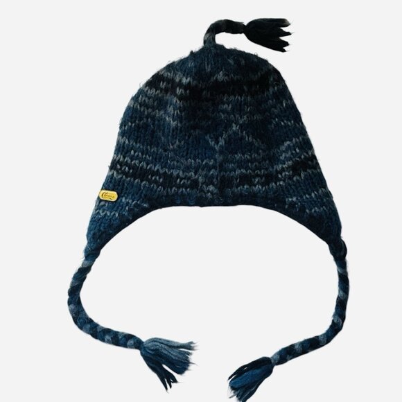 Vintage Chaos Ear Flap Hat Beanie Knit Soft Winter Warm Blue Gray Pom Pom - Picture 1 of 11